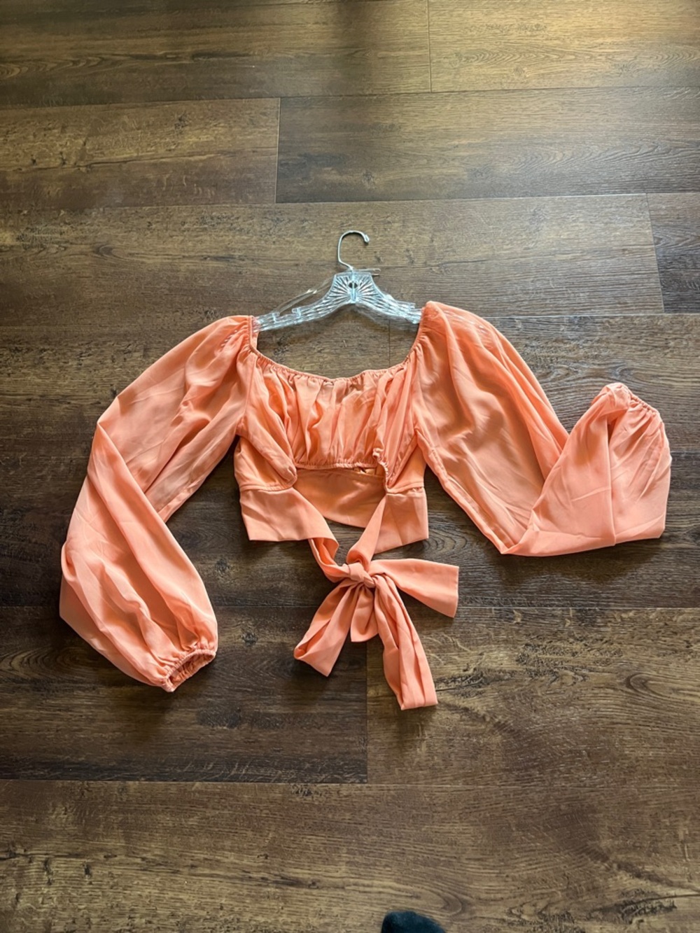 Peach Tie-Front Puff Sleeve Crop Top